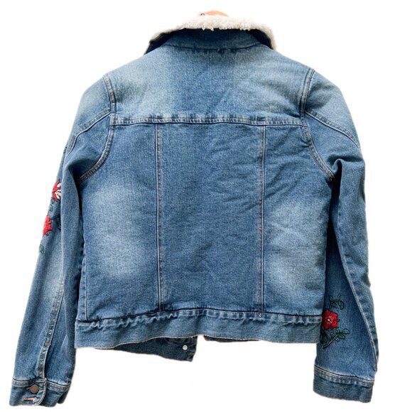 Sherpa Jean Jacket with Red Embroidered Flowers.  Size Small - Picture 2 of 11